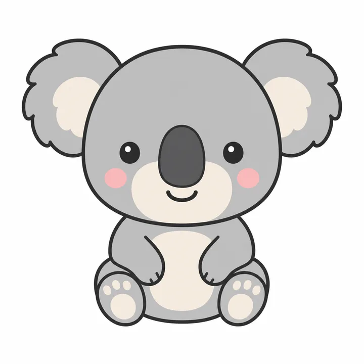 Step eight: the finished koala coloured in soft grey with a cream face and pink cheeks.