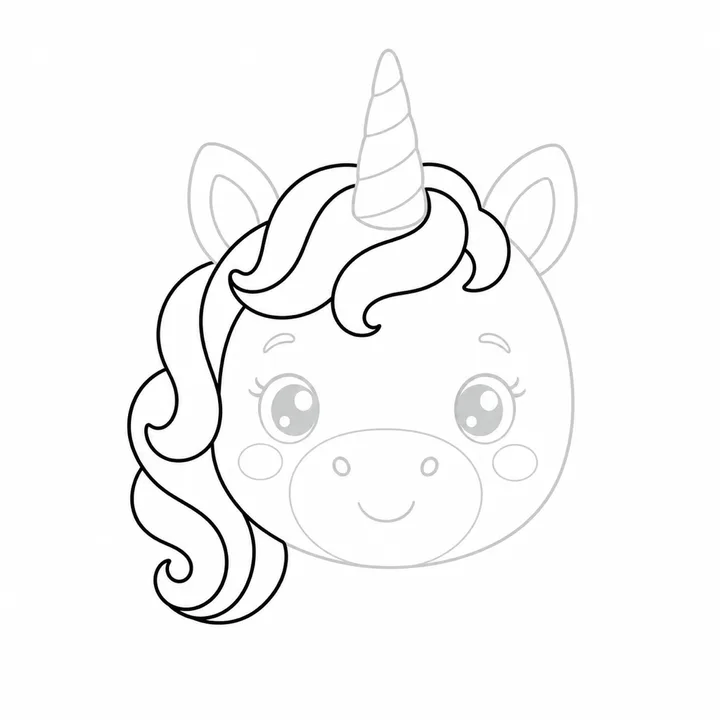 Step four: a curly mane and forelock drawn around the unicorn's head.