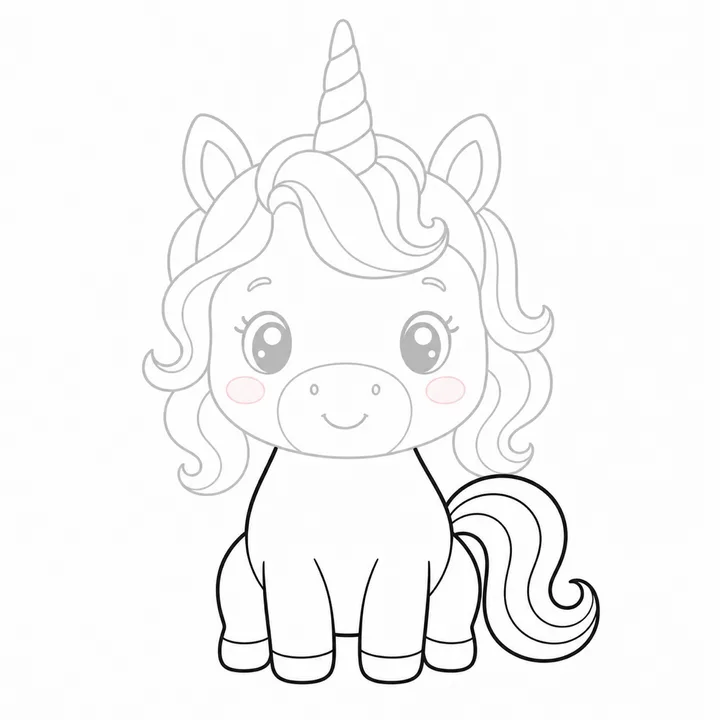 Step five: a rounded body, four short legs and a curly tail added in line art.